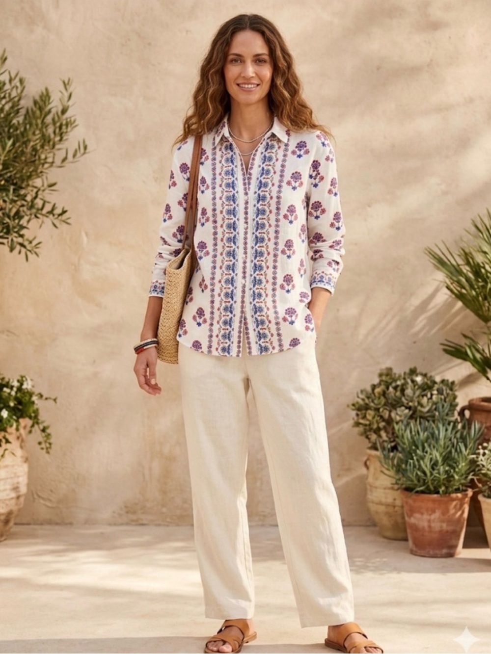 Magaschoni Women’s White 100%Linen Button-Up Shirt with Red & Blue Floral Size S